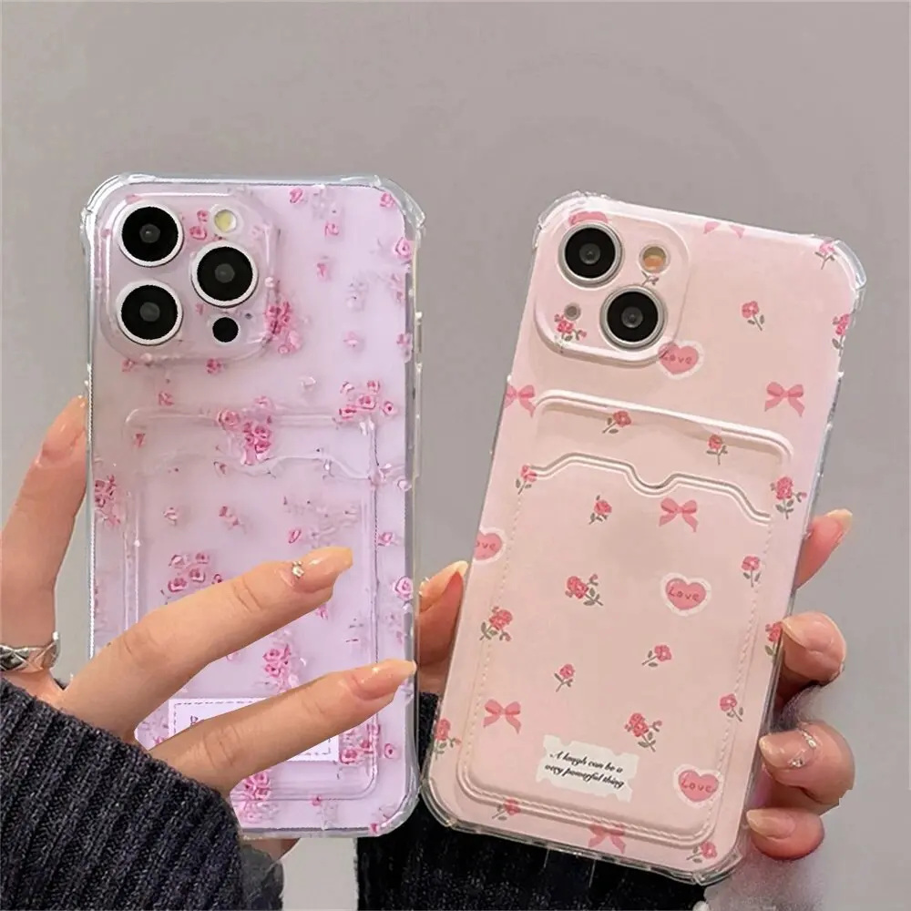 Korean Cute Pink Small Flower Wallet Card Bag Case for VIVO Y17S Y21 2021 Y21S Y33S Y35 Y15S Y15A Y01 Y02 Y02S Y20 Y91C Cover