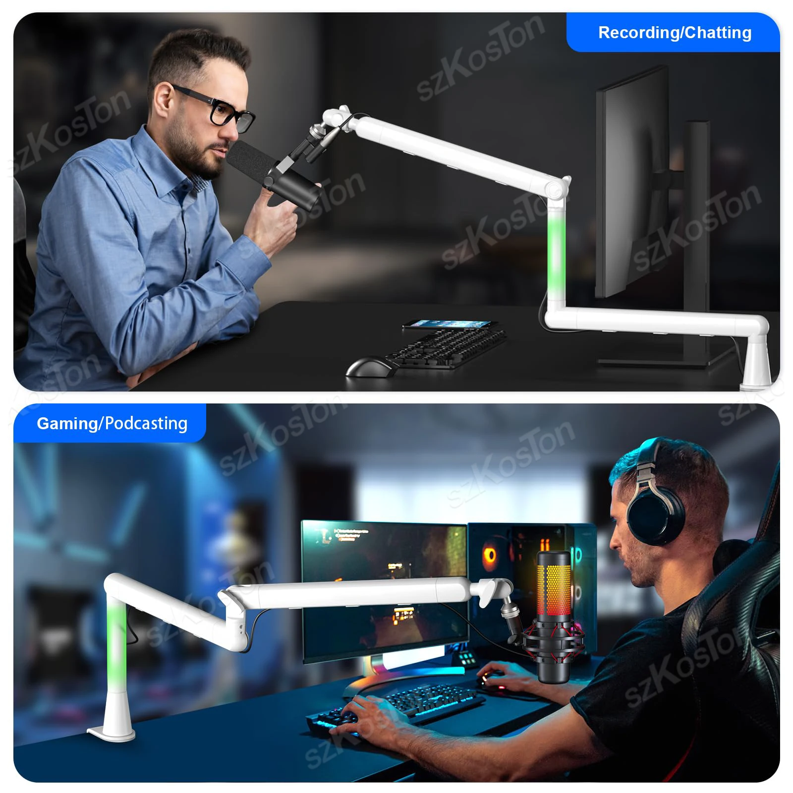 Soporte de micrófono de perfil bajo ajustable con brazo de soporte de micrófono blanco con elevador extendido y gestión de cables para SM7B MV7 AM8 K688 HyperX - imagen 2