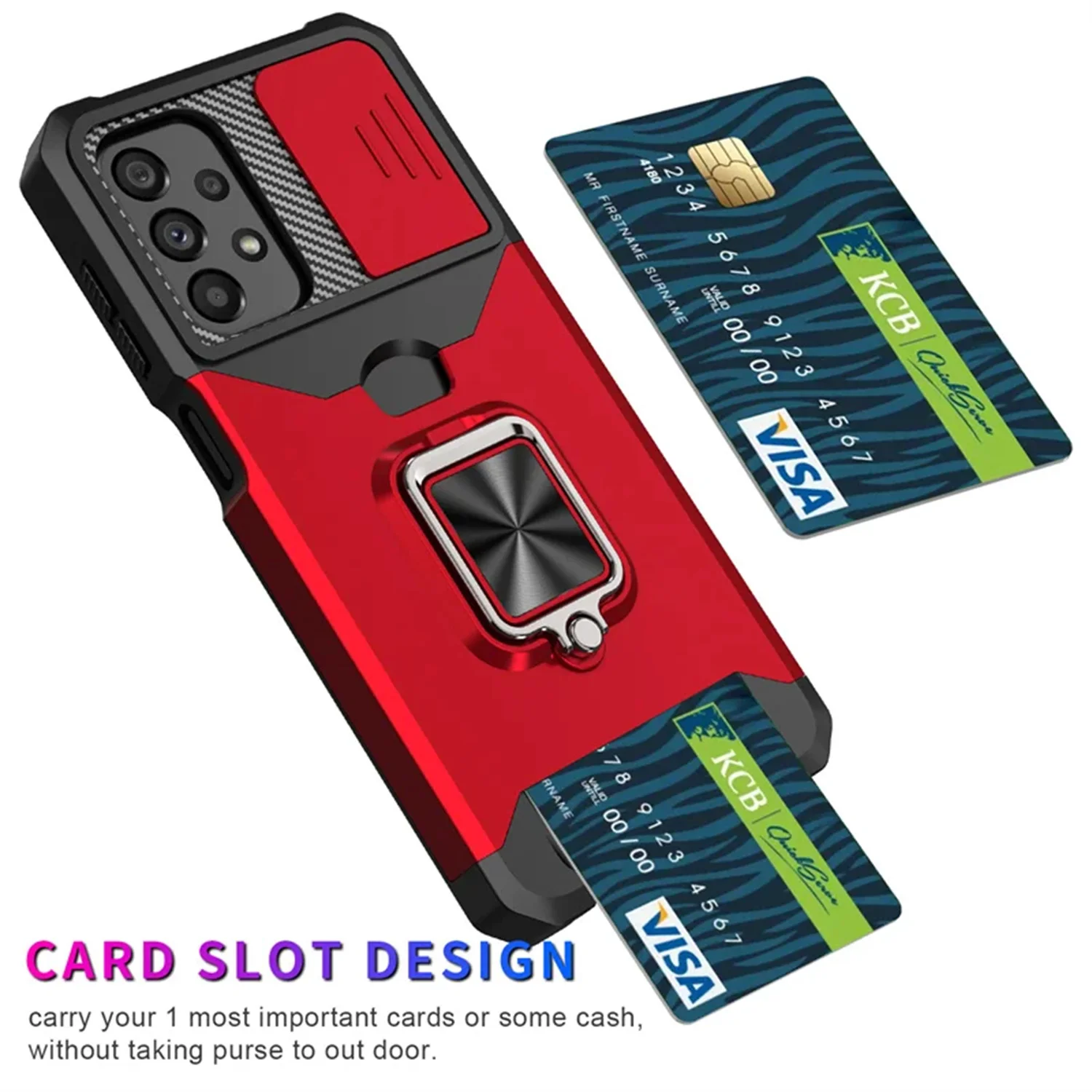 Samsung Galaxy A03 A04 A06 A54 A32 A52 A53 A25 A35 funda con tarjetero soporte de anillo lente de cámara deslizante giratoria funda de armadura militar - imagen 2