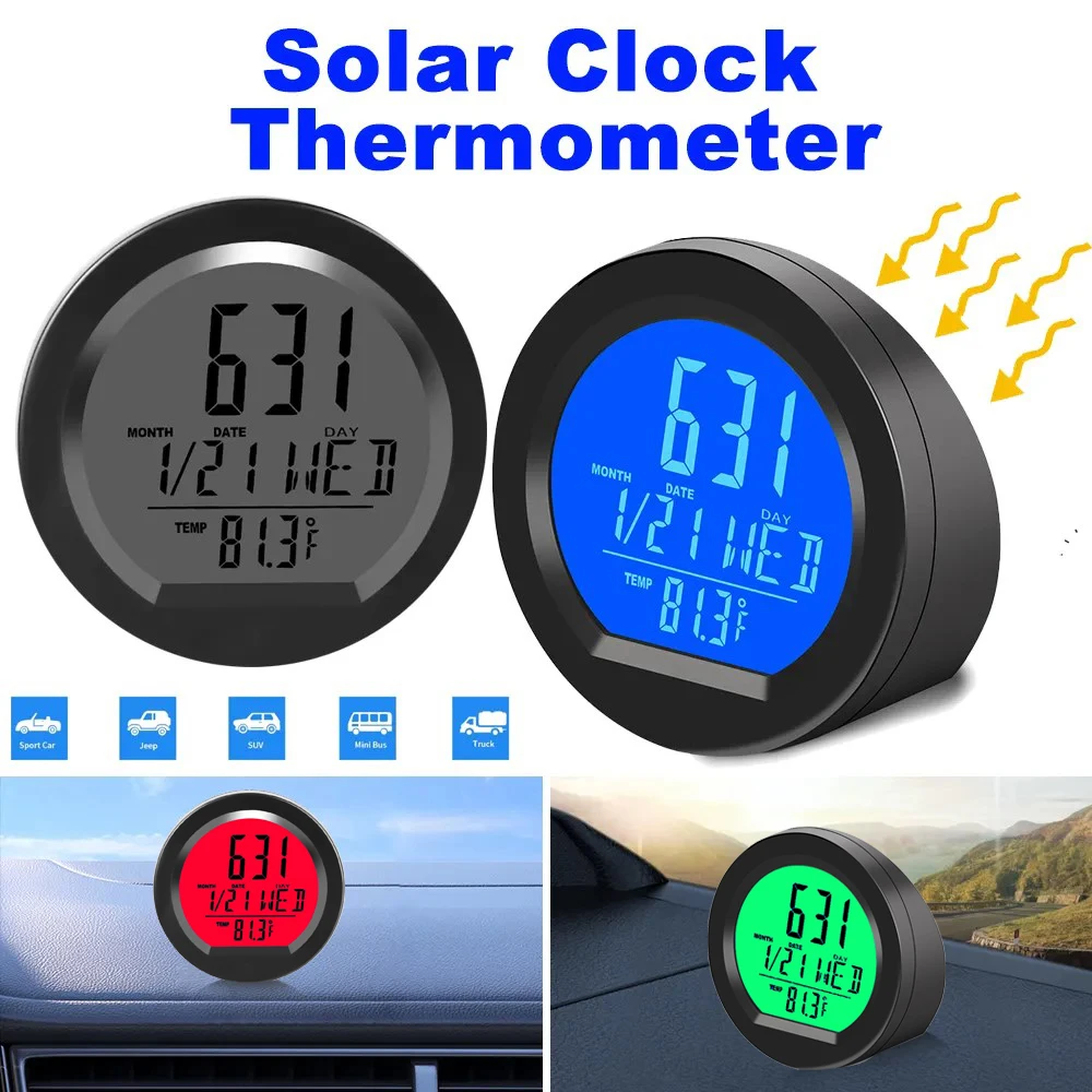 Reloj Digital Solar para coche, termómetro con fecha y semana, pantalla LCD luminosa para salpicadero de coche, con palo interno - imagen 2