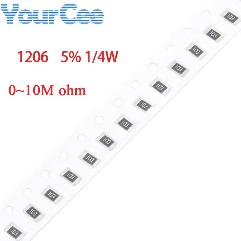 100 Uds 1206 resistencia SMD 5% 1/4W 0 ~ 10M 910K 820K 820R 82R 750K 680K 68R 62R 56K 560R 510R 5,6 K 4,7 M 390R 360K 22R 1M 180K ohm