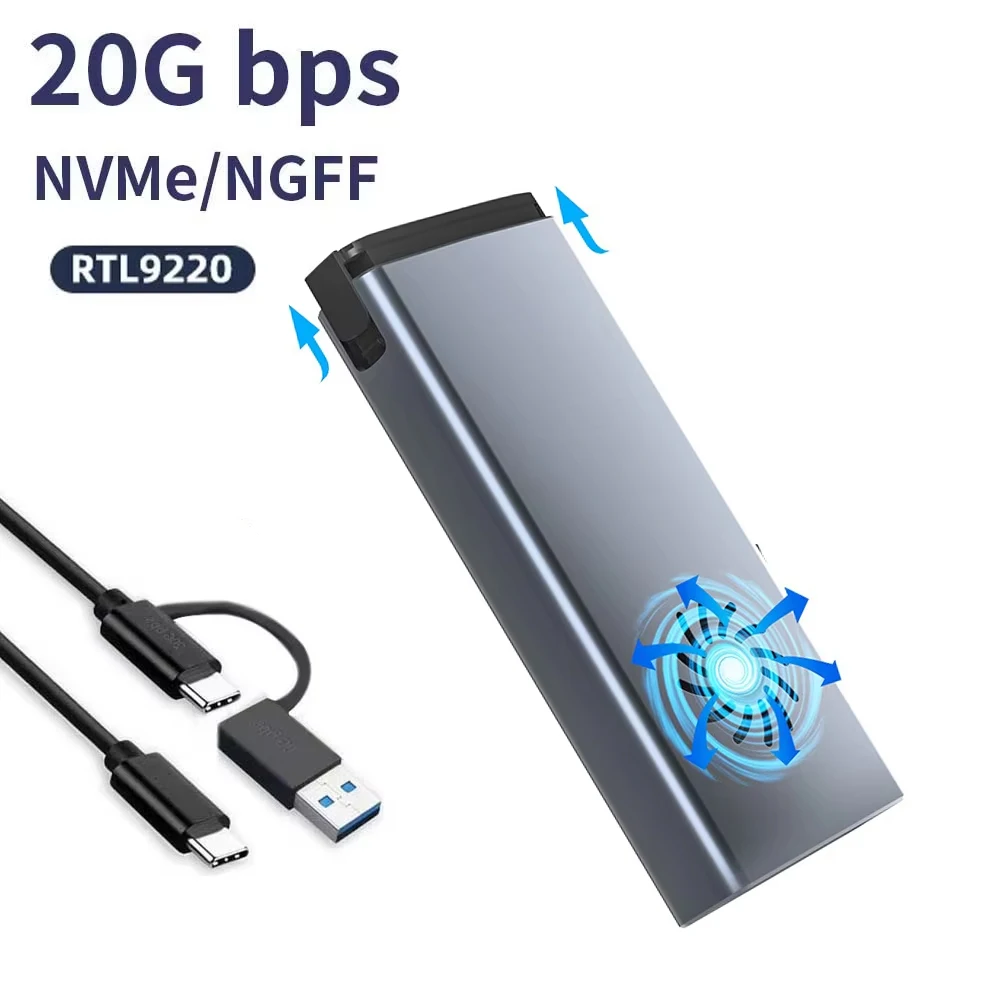 Caja para SSD M.2 NVME/SATA de Doble Protocolo de 20 Gbps con Ventilador de Refrigeración Tipo C, Caja para Disco Duro de Estado Sólido, Adaptador de Carcasa para SSD NGFF
