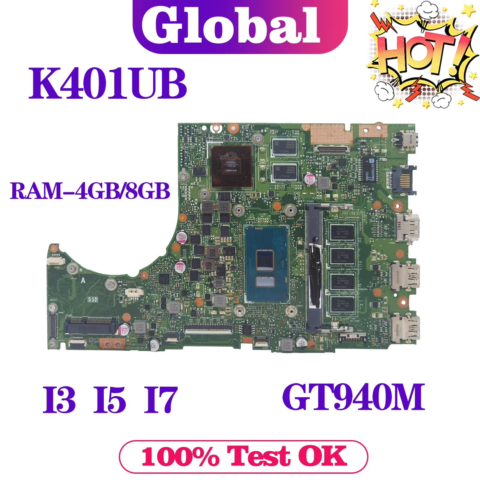 Placa base K401UB K401UQ K401UQK A401U V401U K401U A400U para placa base de ordenador portátil ASUS i3 i5 i7 6th/7th 4GB/8GB-RAM GT940M