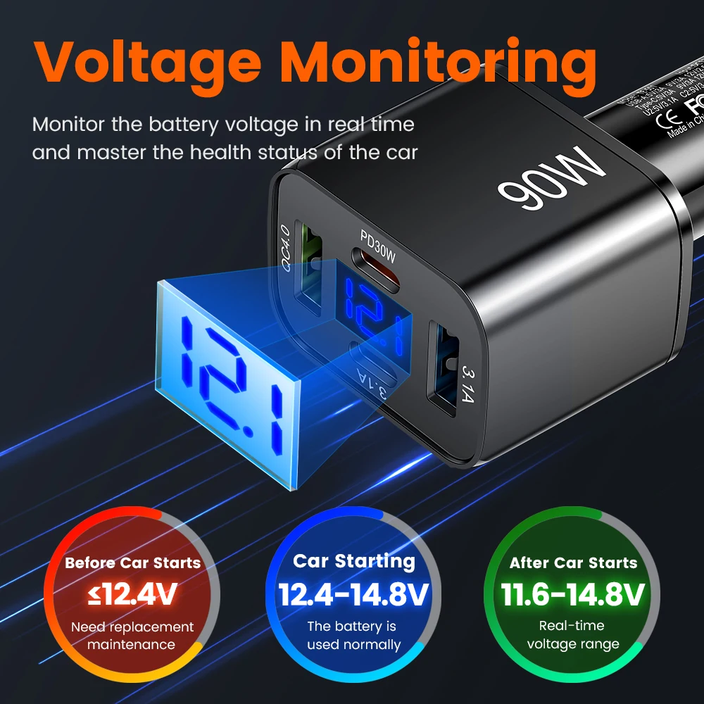 Cargador de teléfono para coche USB C de 4 puertos carga súper rápida en el coche con pantalla LED de voltaje para iPhone Samsung Huawei Oneplus teléfono Android - imagen 4