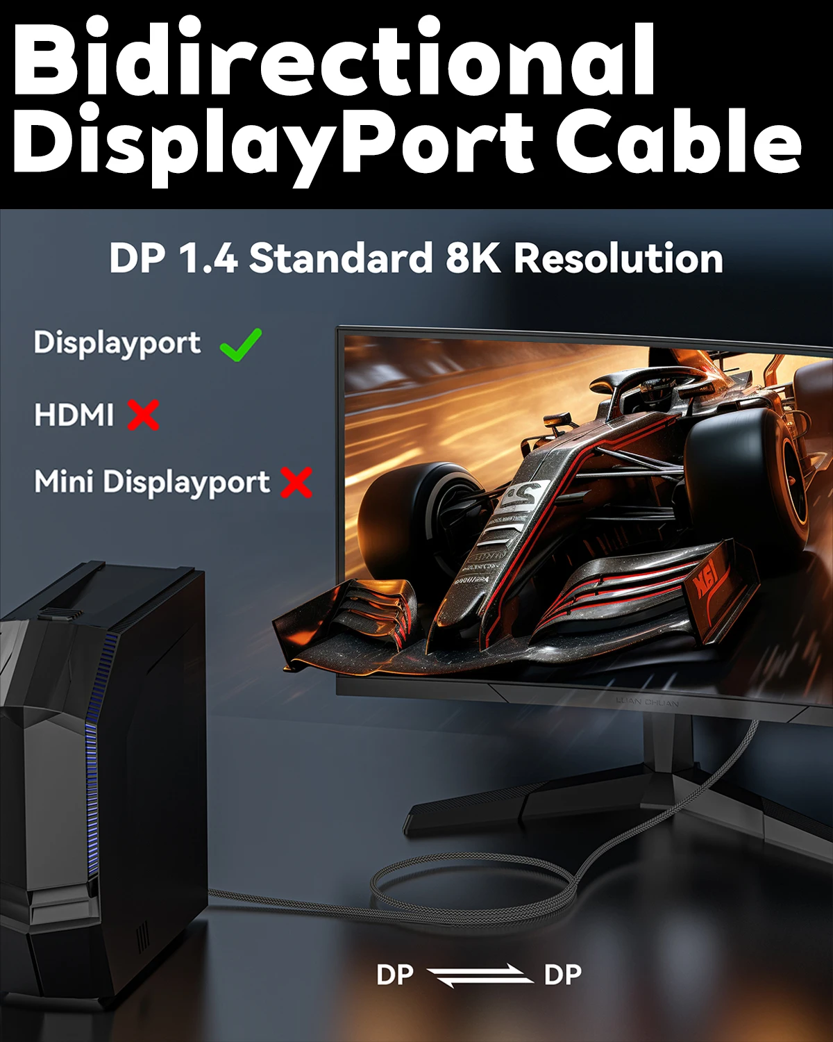 Hannord 8K DisplayPort 1.4 Cable 8K 60Hz 4K165Hz Cable DP de alta velocidad chapado en oro trenzado de nailon para monitores de juegos proyector TV - imagen 4