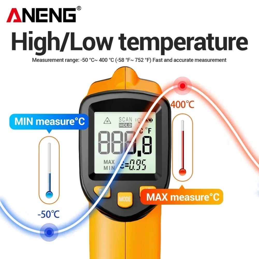 ANENG TH109 Termómetro láser rojo Ratio de distancia de objeto 12:1 Medidor de temperatura sin contacto -50 ~ 400 ℃    Probador de pirómetros Higrómetro - imagen 4