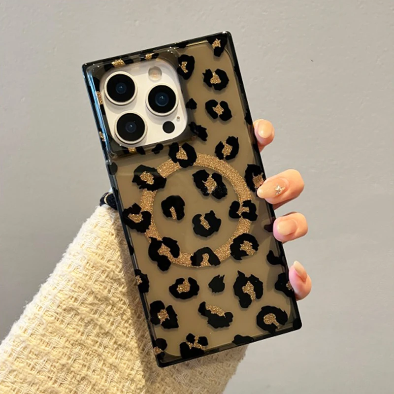 Elegante rectángulo borde leopardo magnético carga inalámbrica teléfono caso para iPhone 17 16 15 14 13 12 Pro Max duro TPU contraportada