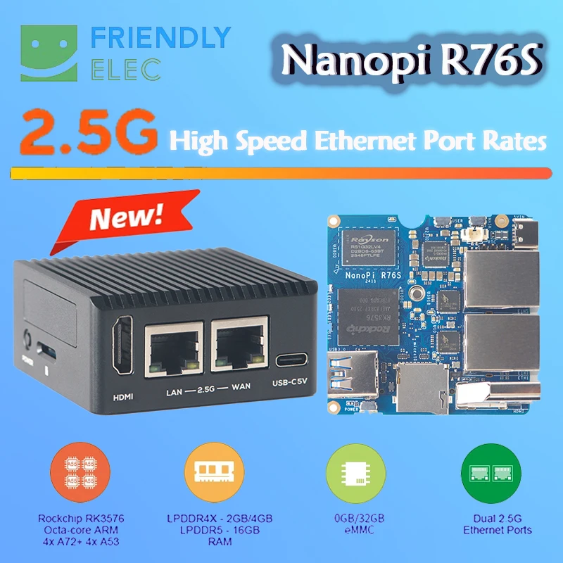Placa de desarrollo Nano Pi R76S RK3576 amigable 2/3/4/16GB RAM 0/32/64GB EMMC LPDDR5 puerto de red Dual 2,5 HDMI AI despliegue