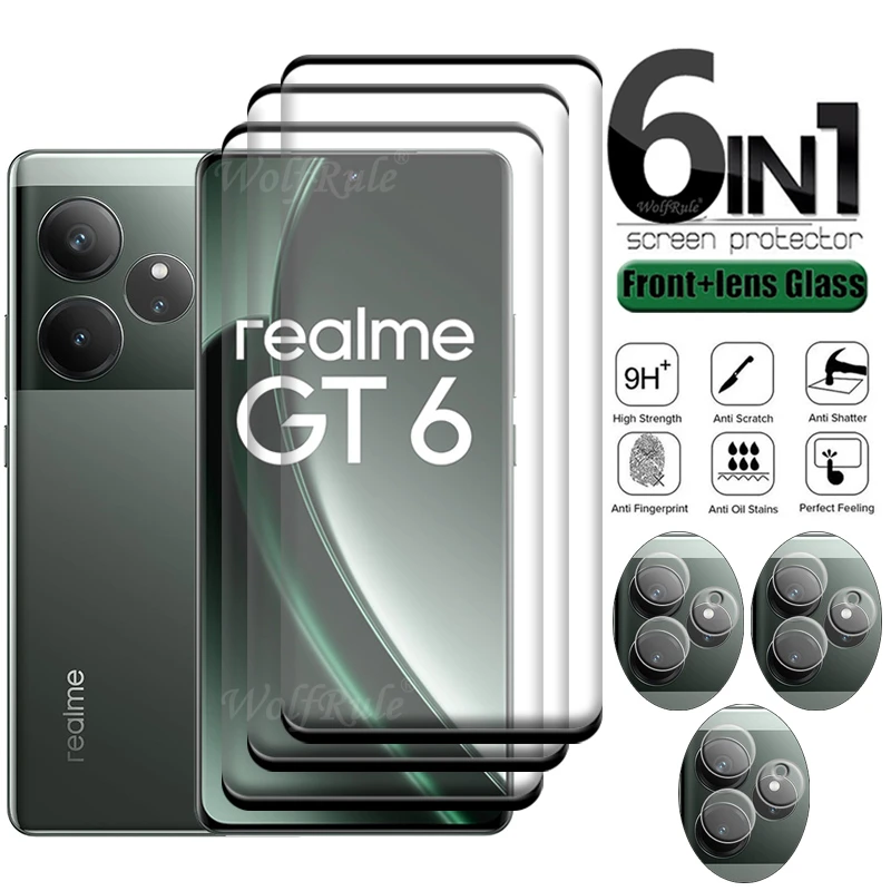 Protector de pantalla de vidrio templado 6 en 1 para Realme GT 6, cubierta completa curvada 9H, Realme OPPO, GT 6, 6 T, Realme - imagen 2