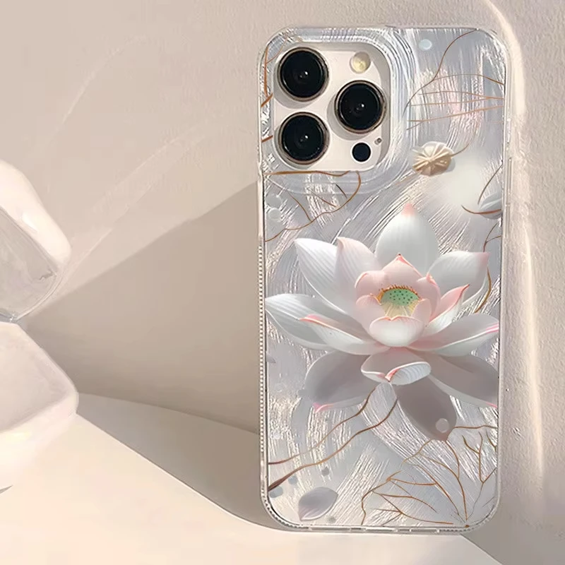 Funda de teléfono con flores estéticas de arte de loto rosa para iPhone 16 15 14 13 12 11 Pro Plus Max 16E XR XS 7 8 Plus 2025, funda dura brillante