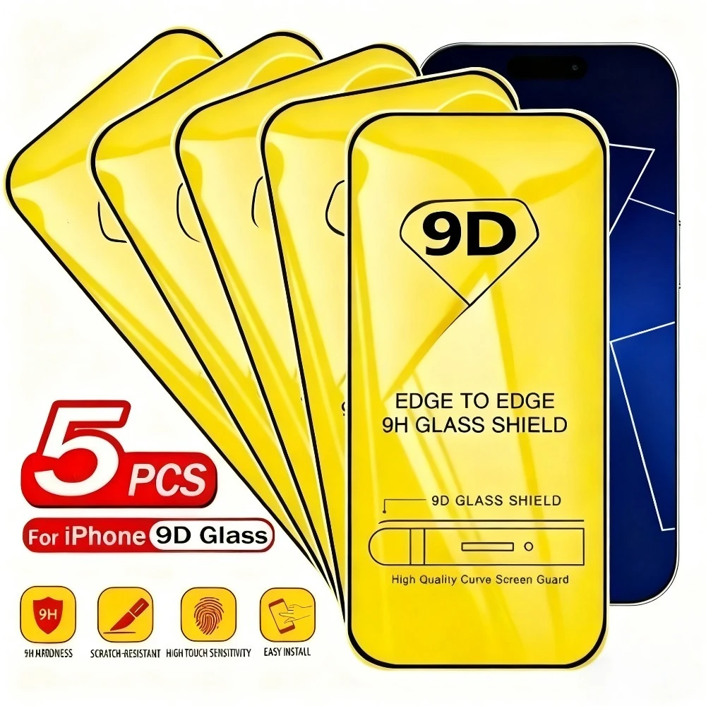 5 uds cubierta completa de vidrio templado para iPhone 17 16 15 Pro Max 14 13 12 11 Pro 15 14 Plus 13 12 Mini XS XR Ultra HD Protector de pantalla