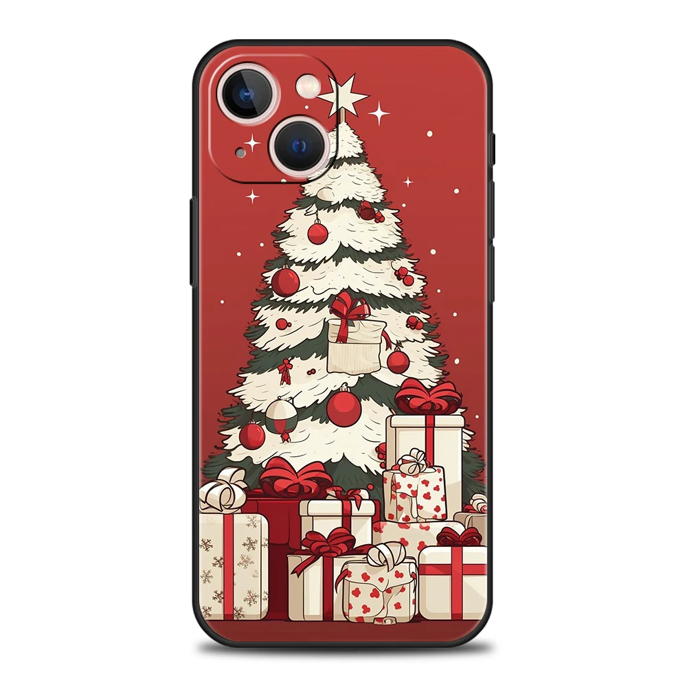 Funda de teléfono suave de TPU de lujo para iPhone 16 11 15 14 Pro MAX 12 13 7 8 Plus X XR XS SE 2022 cubierta negra Feliz árbol de Navidad - imagen 3