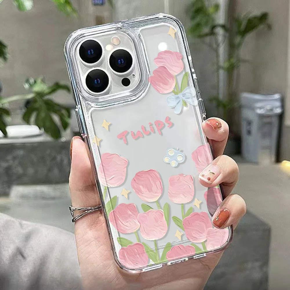 Funda de teléfono pintada con tulipán para iPhone 13, 11, 16 Pro Max, 15, 14, 12, 16promax, 15promax, Funda transparente de silicona suave a prueba de golpes - imagen 3