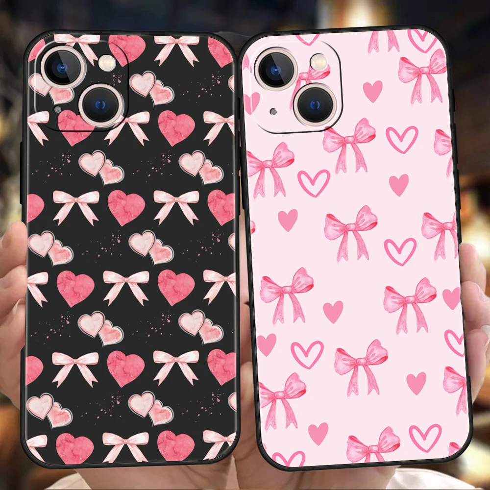 Funda de teléfono suave de TPU de lujo para iPhone 17 Air 16E 16 11 15 14 Pro MAX 12 13 7 8 Plus X XR XS SE 2022, bonita funda con lazo de corazón rosa
