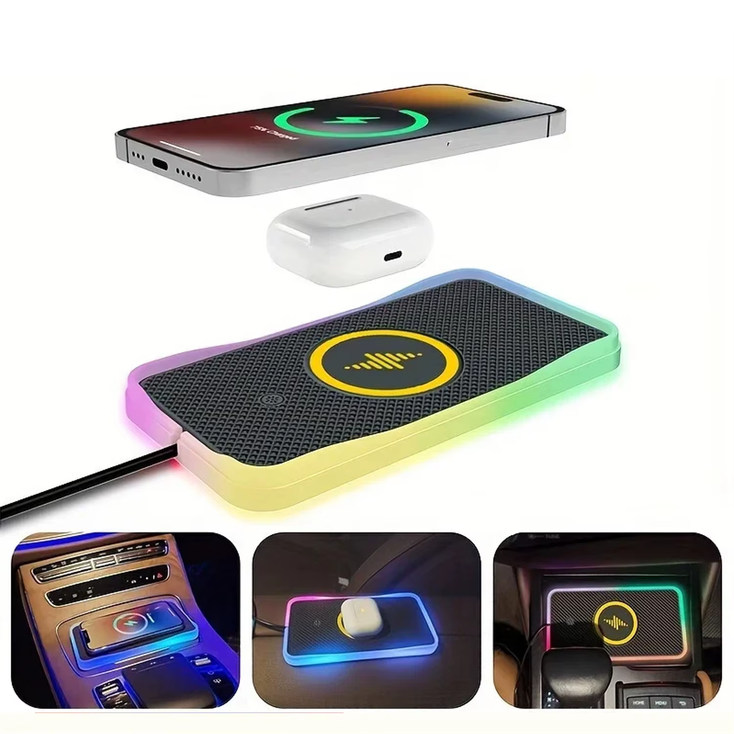 Almohadilla de carga inalámbrica para coche, luz RGB de 30W para iPhone 15, 14, 13, 12, 11, Samsung S23 S22 Xiaomi, USB-A inalámbrico rápido, almohadilla de carga para teléfono - imagen 4