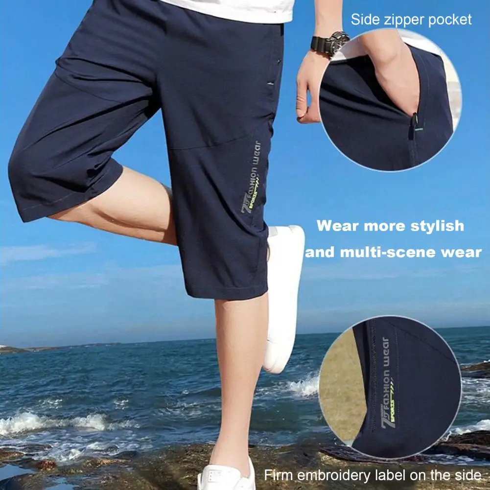 Pantalones cortos finos de seda de hielo para hombre, pantalones transpirables suaves, longitud media pantorrilla, cintura elástica, bolsillos con cremallera, sólidos, cómodos - imagen 3