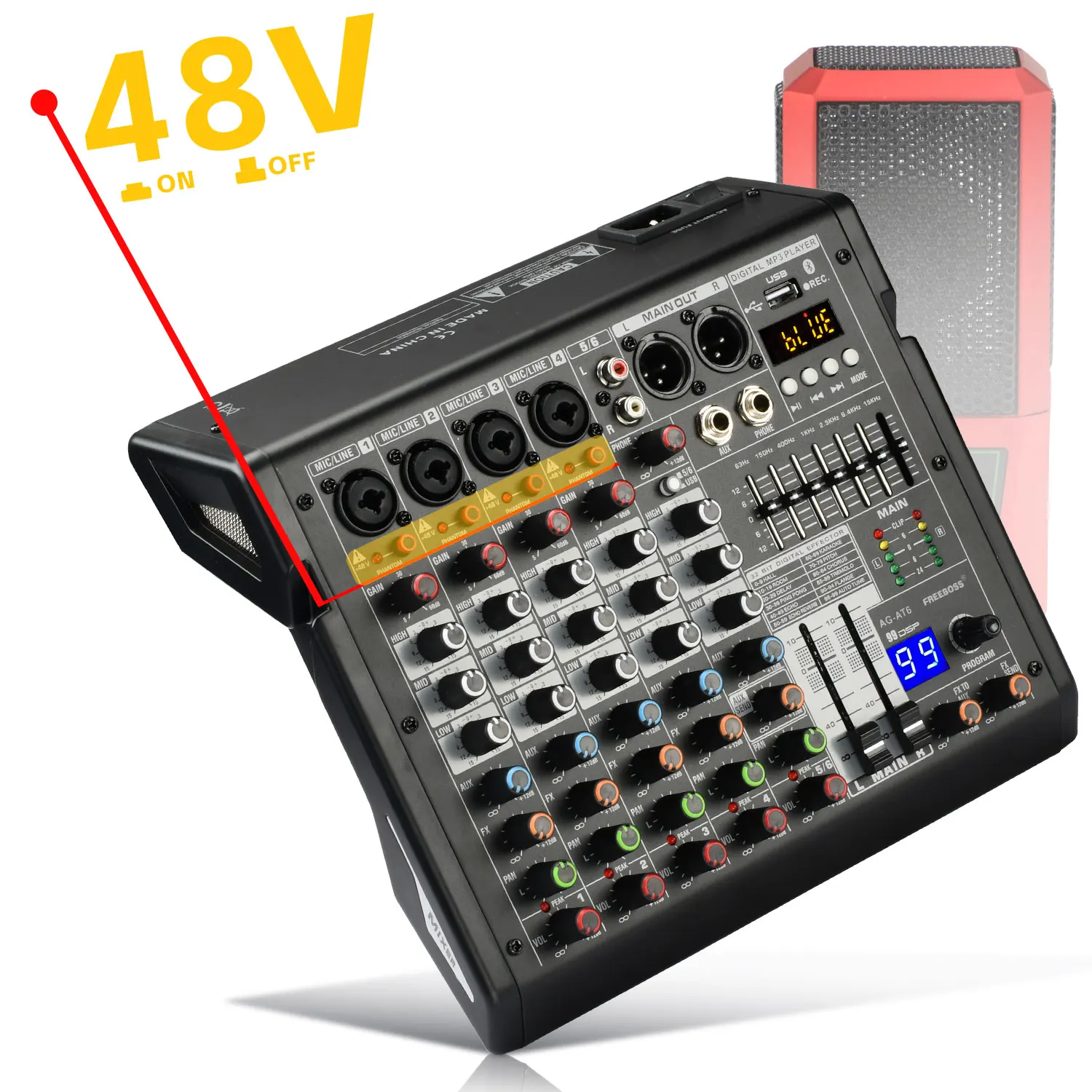 Freeboss-mezclador de Audio de 6 canales, 7 bandas, EQ, 99 efectos DSP, consola de mezcla, USB, PC, grabación, Bluetooth, Compatible con Audio Dj, 48V, AG-AT6 - imagen 5