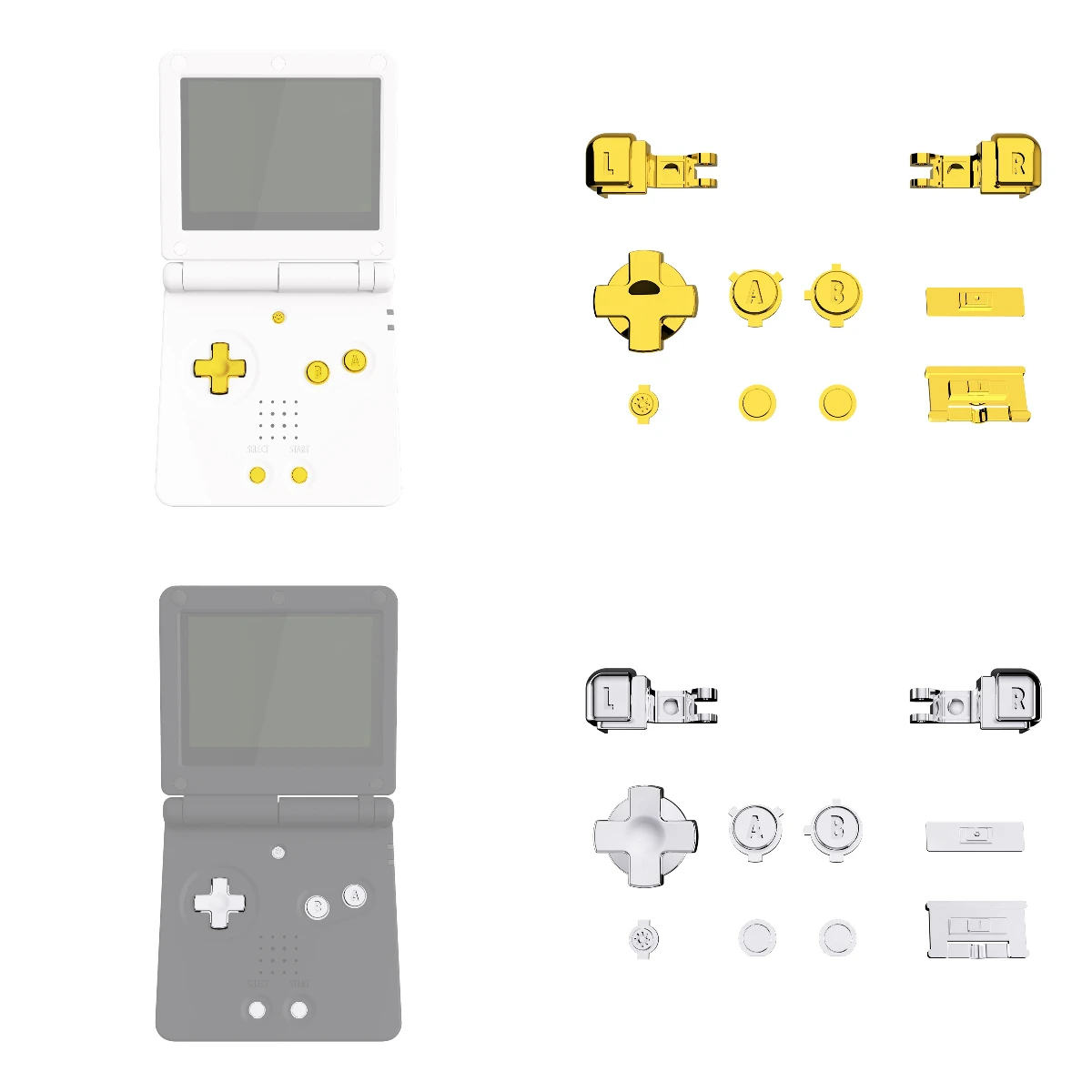 eXtremeRate Juego completo de botones cromados dorados y plateados, botón A B L R, botón de encendido y apagado de volumen, tecla D-pad para consola GBA SP