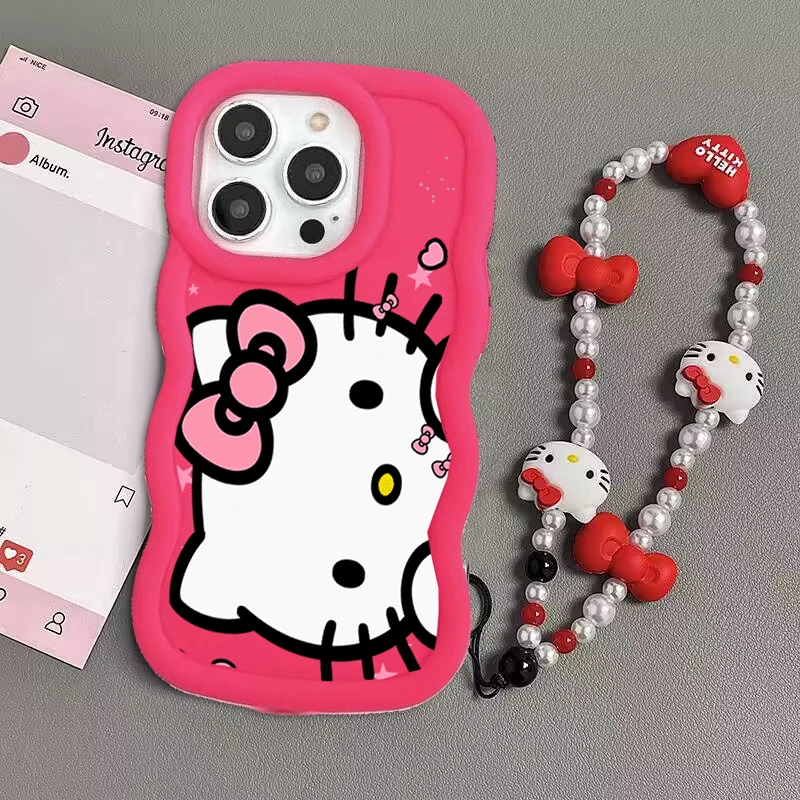Funda de silicona 3D Wave Pink Cute Hello Kitty Chain Love para IPhone 17 Pro 17 Air 16e 16 15 14 13 12 PRO MAX Plus Y2K Funda - imagen 4