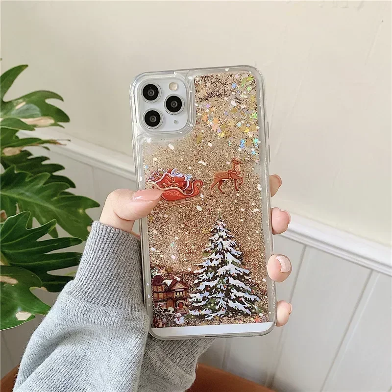 Funda de teléfono con árbol de Navidad para iPhone16, 15, 14, 13, 12, 11 Pro Max X XS XR 7 8 Plus, cubierta de silicona a prueba de golpes con purpurina y arena movediza líquida - imagen 4