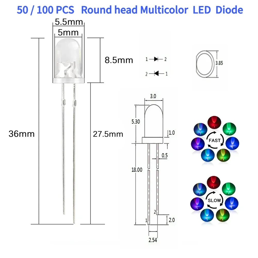 50/100 Uds. Diodos LED transparentes de 3MM/5MM coloridos parpadeantes rápidos y lentos F3 F5 luces DIP Kit de diodos electrónicos Diy - imagen 4
