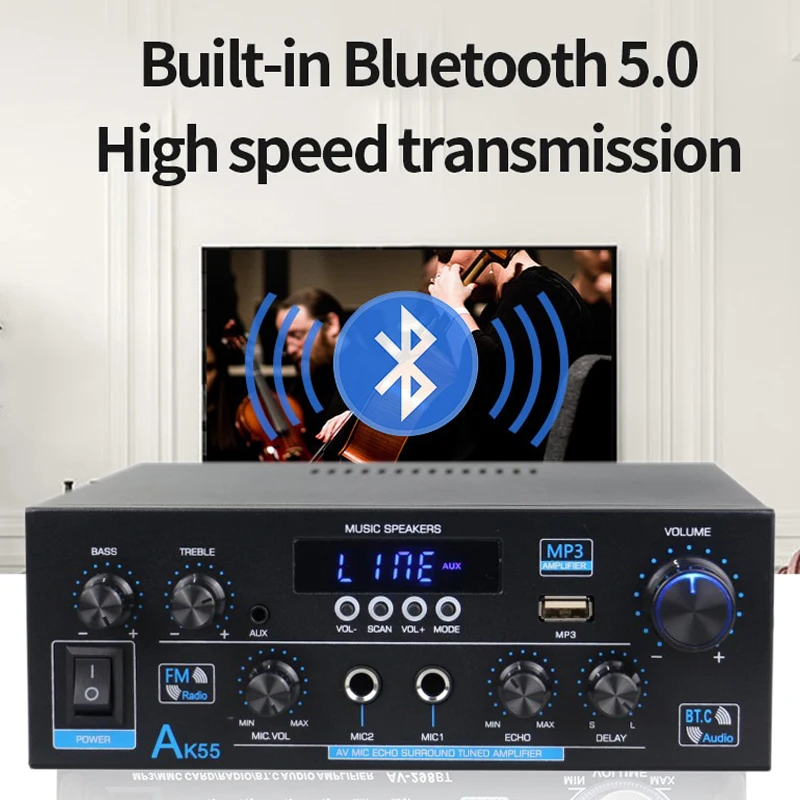 AK55-AMPLIFICADOR DE Audio HiFi de 900W, amplificador de sonido Digital con Bluetooth, Canal 2,0, compatible con entradas coaxiales de fibra de Micrófono Dual, Radio FM - imagen 4