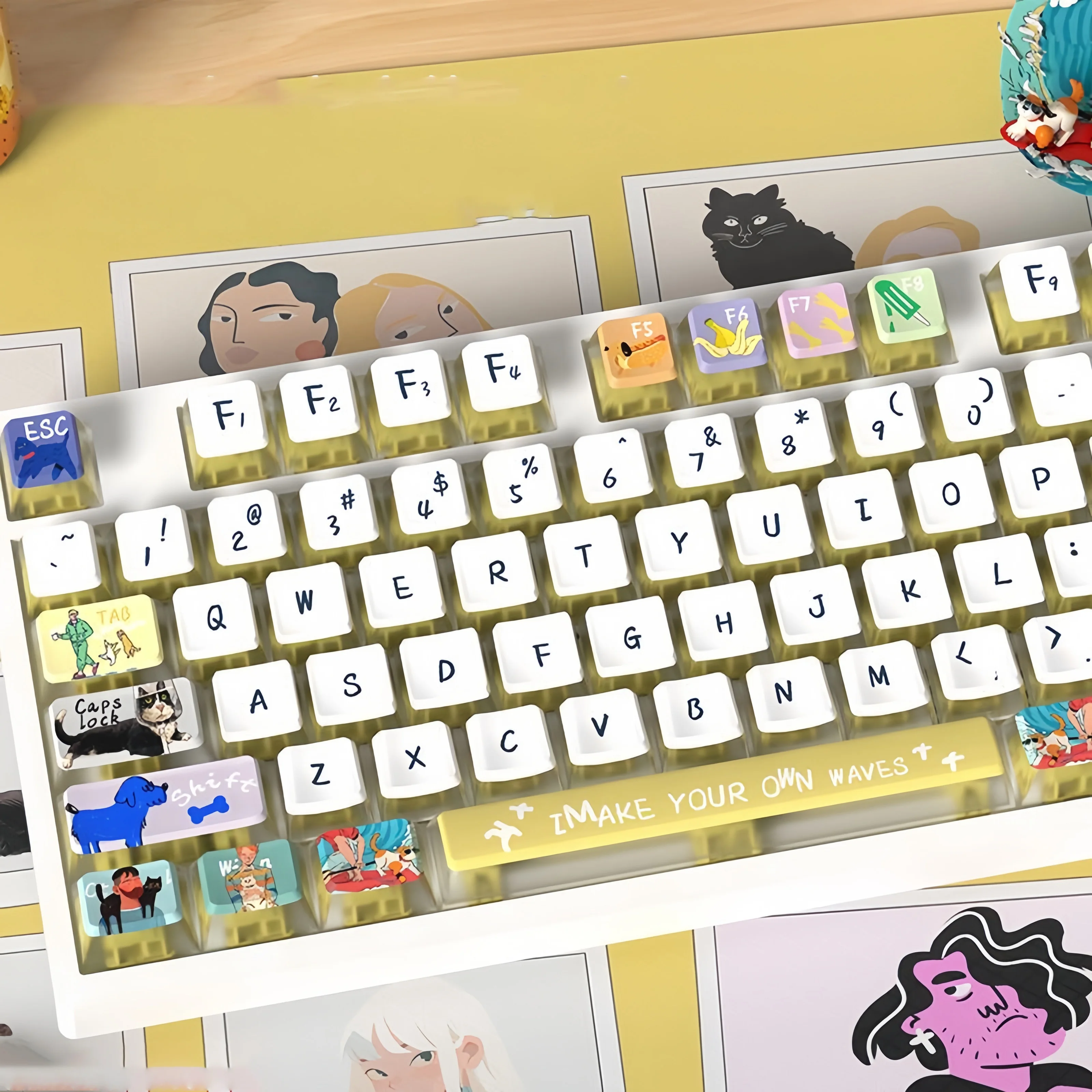 Teclas translúcidas con temática de ondas de 130 teclas, teclas de PC PBT personalizadas con tinte sub para teclados de interruptores Cherry Gateron MX