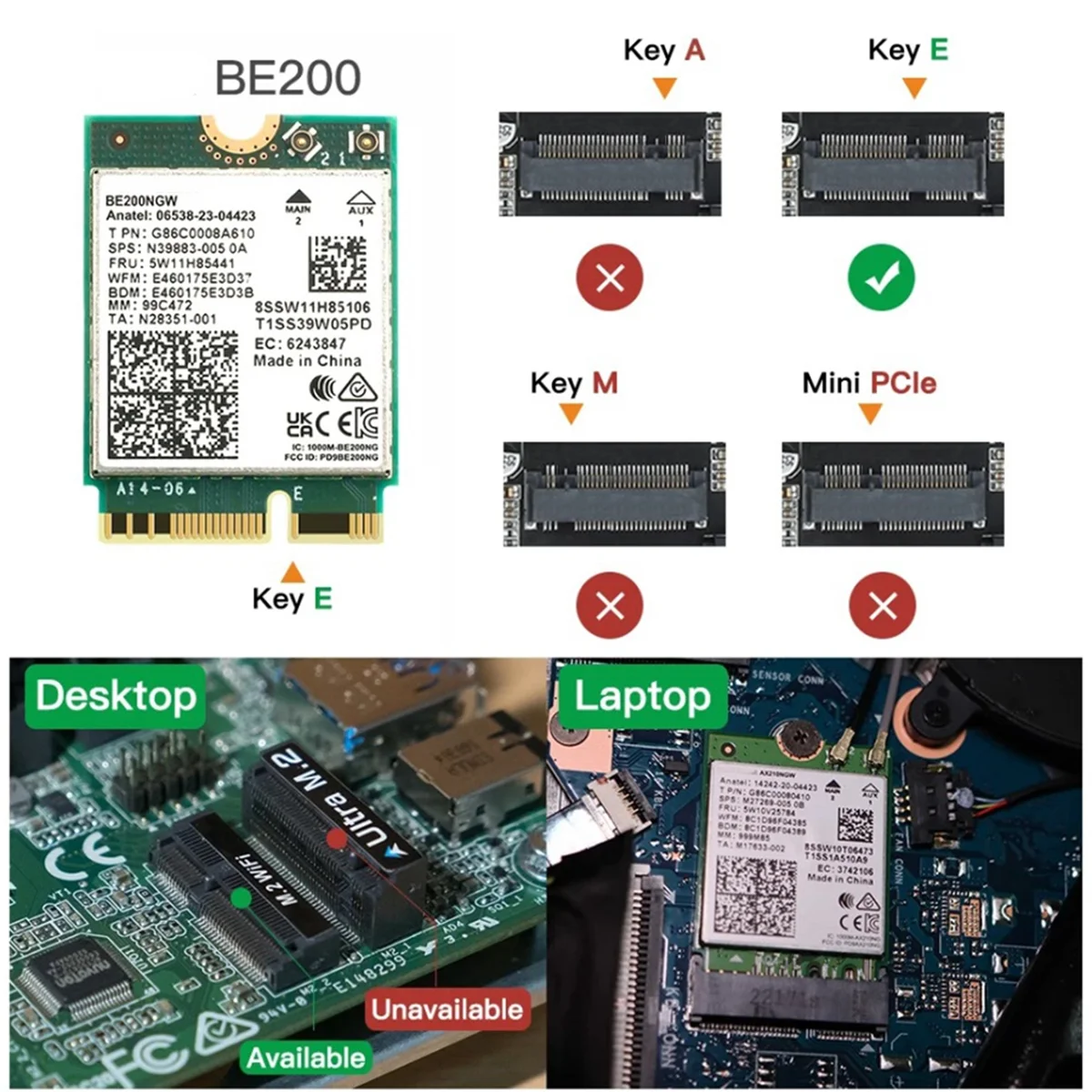 Tarjeta de red inalámbrica con antenas, adaptador con Bluetooth 5,4 BE200NGW 2,4G/5G/6GHz, para Intel BE200 WiFi 7 M.2 - imagen 2