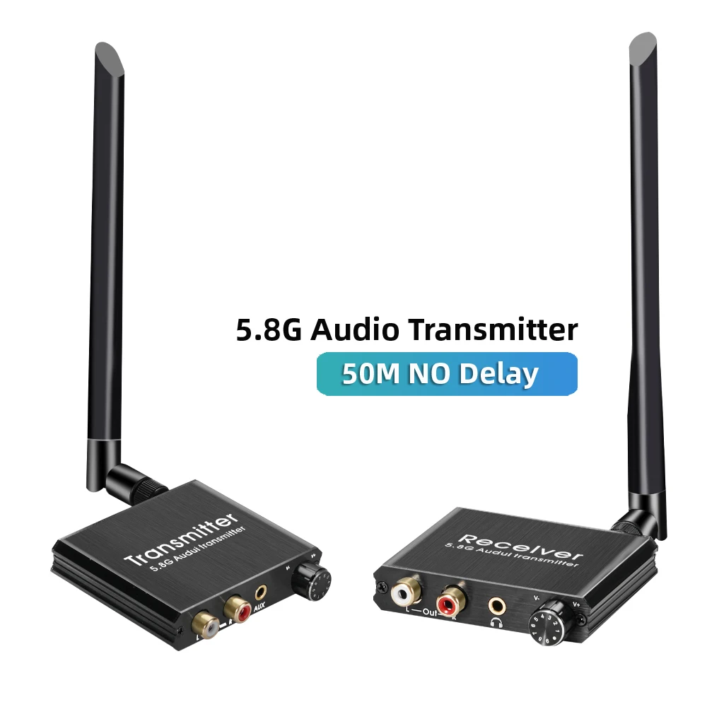 AIXXCO 50 metros 5,8G RCA transmisor y receptor de Audio con adaptador de Audio inalámbrico R/L RCA de 3,5mm para ordenador DVD TV