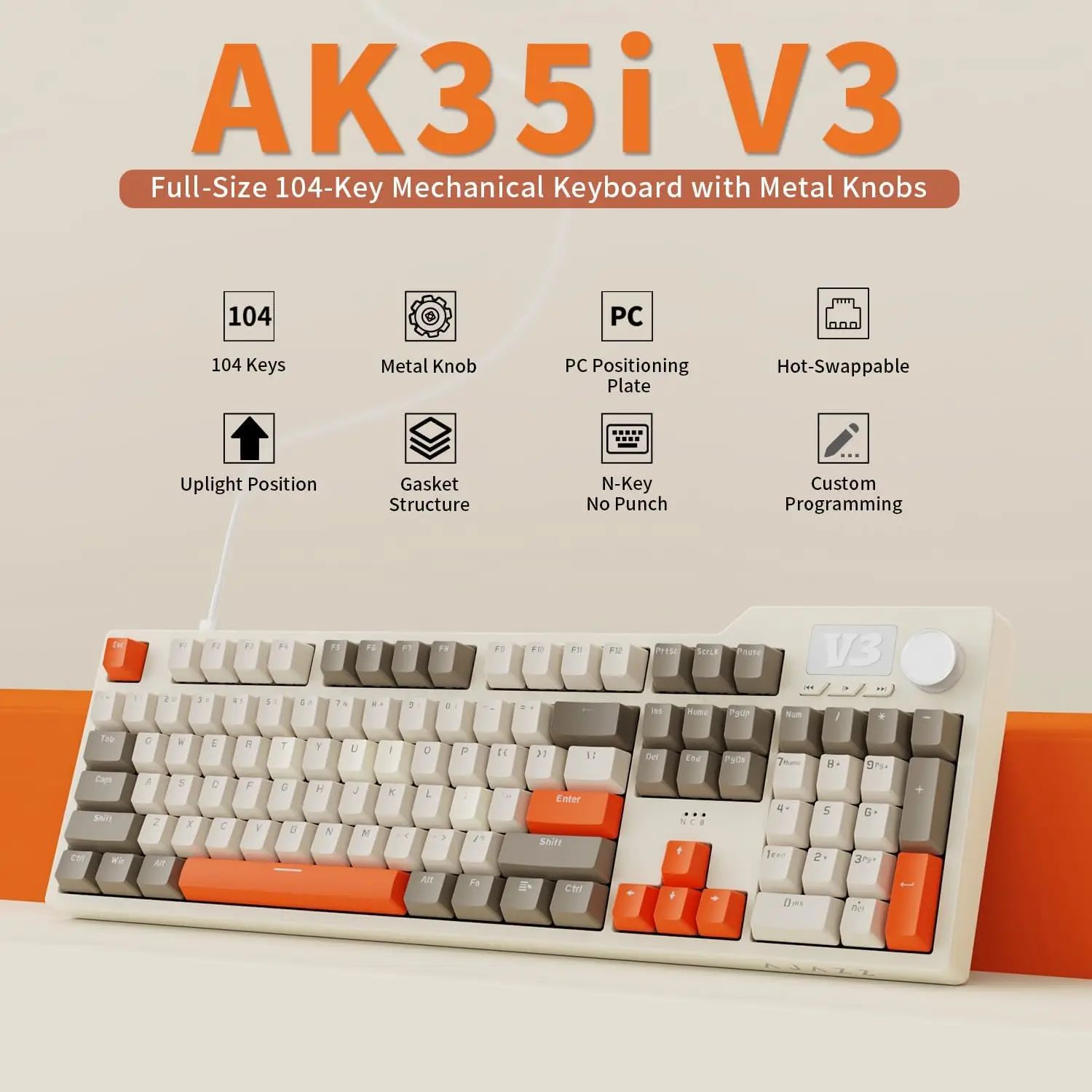 Teclado para juegos con cable con llave mecánica de tamaño completo AK35iV3, interruptor de sal marina, interfaz de carga tipo c retroiluminada blanca, extracto de tecla - imagen 4