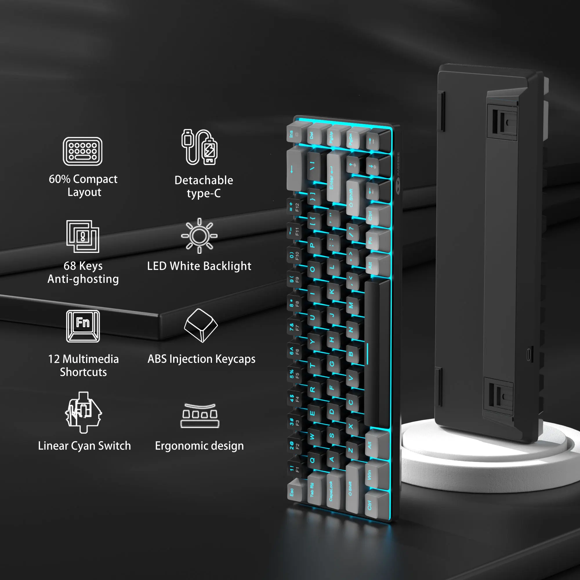 MageGee Teclado mecánico portátil 60% para juegos, MK-Box LED retroiluminado compacto 68 teclas Mini teclado de oficina con cable para PC Windows - imagen 5