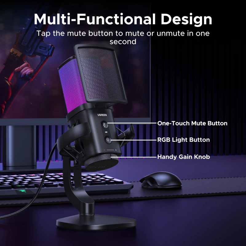 UGREEN Micrófono USB con botón de silencio táctil e iluminación RGB Adecuado para PC Mac Juegos Karaoke Grabación Streaming Podcasting - imagen 5