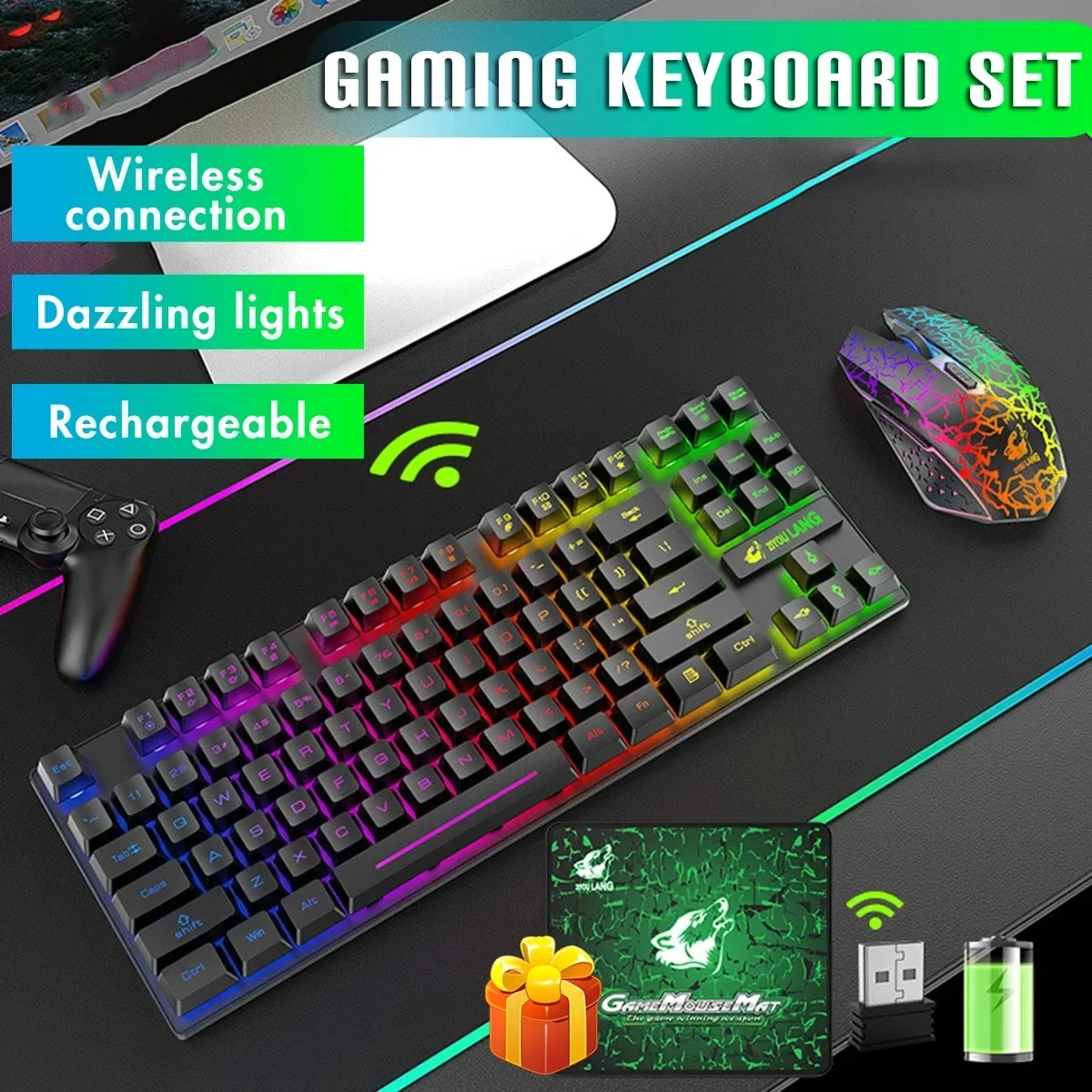 Teclado y ratón inalámbricos RGB 2,4G, retroiluminación LED portátil, 87 teclado, ratón de 2400DPI, Kit de jugador para ordenador portátil, PC de escritorio - imagen 2
