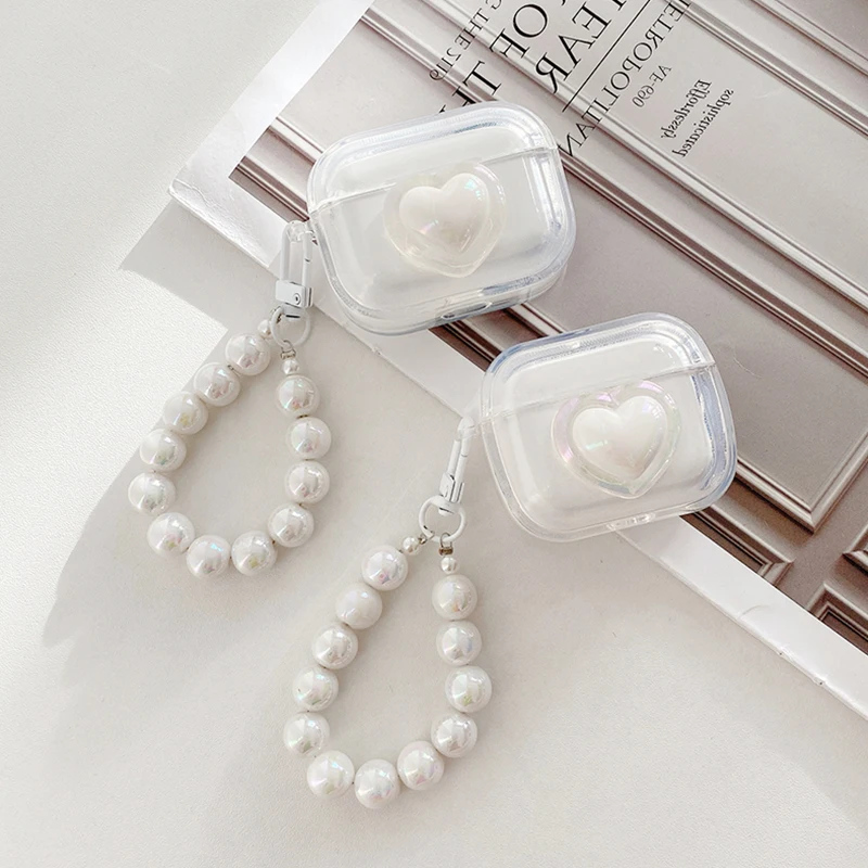 Funda Simple para auriculares con forma de corazón y perlas láser para AirPods Pro2, caja de carga para auriculares de tercera generación, funda protectora para Air Pods 2, llavero - imagen 2