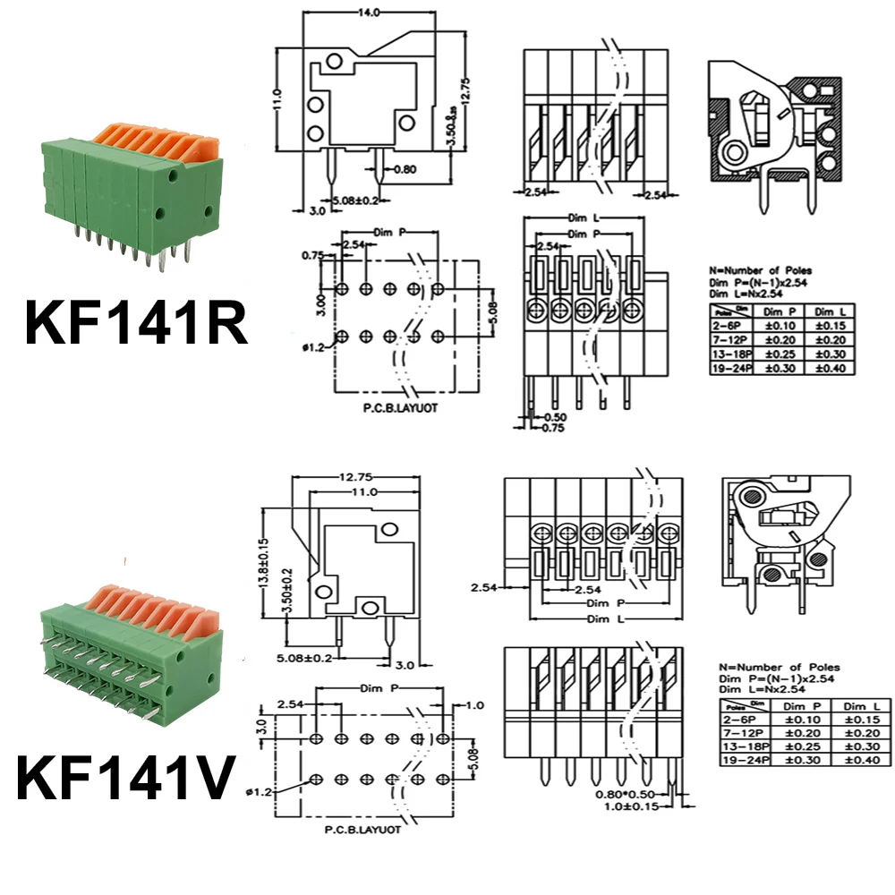 KF141V KF141R bloque de terminales sin tornillos con resorte de empuje de paso de 2,54mm conector PCB recto/doblado de pie 1/2/3/4/5/6/7/8/9/10 pines - imagen 5