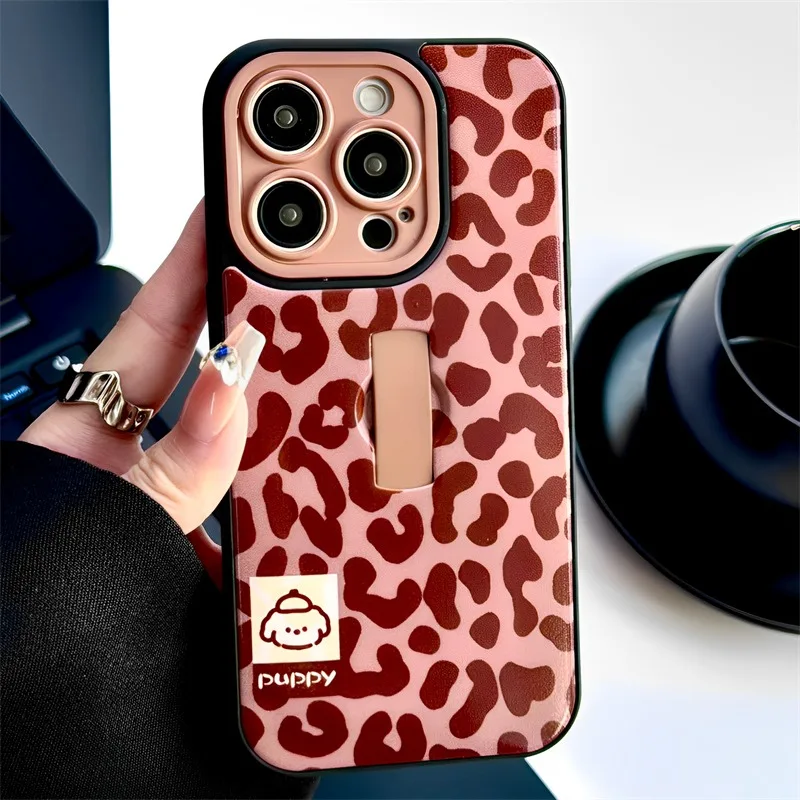 Lindo cachorro perro elegante estampado de leopardo anillo soporte funda para iPhone 17 16 15 14 13 12 11 Pro Max cubierta de teléfono TPU brillante - imagen 4