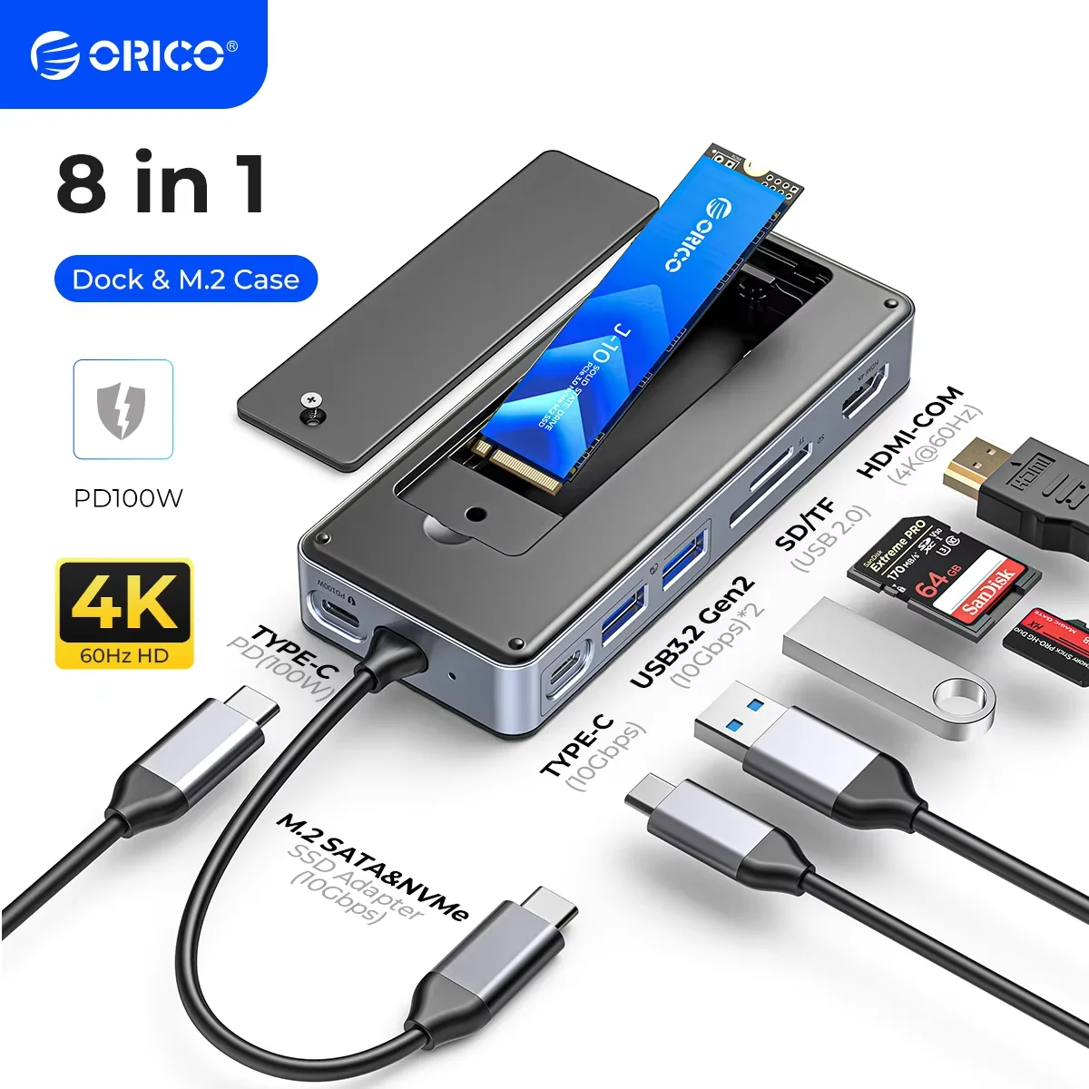 ORICO USB C HUB con carcasa SSD Estación de acoplamiento para computadora portátil con 4K 60Hz HDMI-Com 100W PD RJ45 SD/TF 10Gbps M.2 NVME SATA SSD 8TB - imagen 2