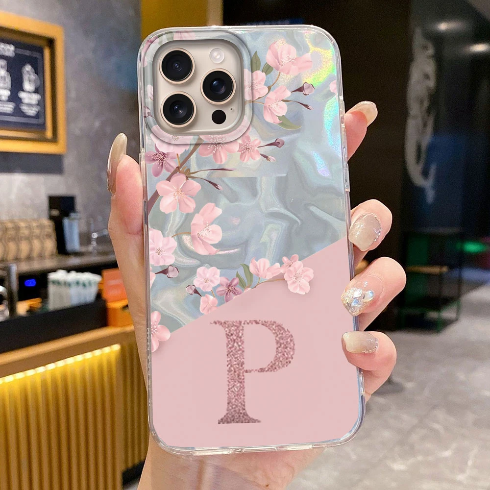 A Z Pink Letter Peach Flower ﻿Phone Case For Apple iphone 15 14 Pro Max Plus Shockproof Silicone Couple Fundas Shell Back Cover - imagen 4