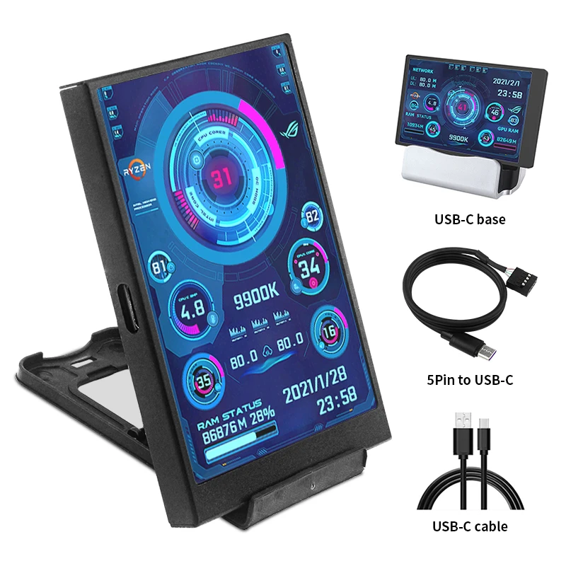 Mini ordenador Pantalla IPS secundaria USB-C soporte metálico AIDA64
