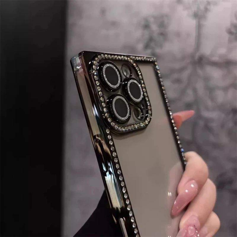 Nueva funda transparente de diamante brillante a la moda para iPhone 16 15 14 13 Pro Max 16 cubierta de parachoques de silicona suave con revestimiento cuadrado de lujo - imagen 4