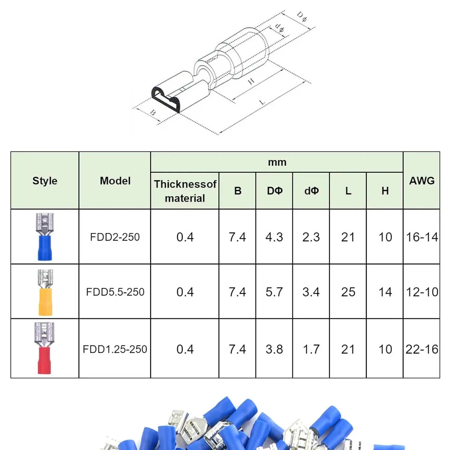 50 pares de conectores de cable de pala aislados de vinilo de desconexión rápida macho hembra, terminal de engarzado eléctrico de 16-14 AWG-6,3mm 1/4" - imagen 2