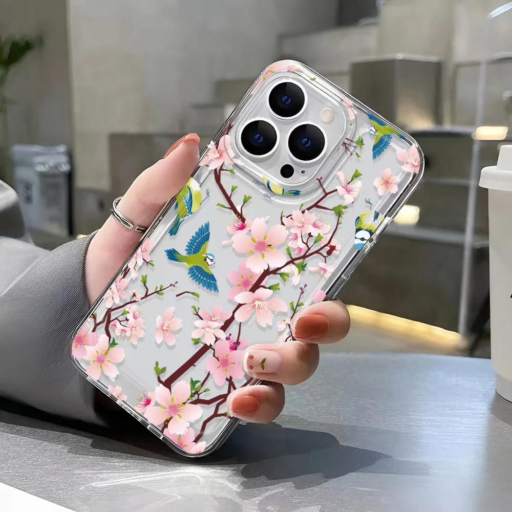 Funda transparente Simple con diseño de pájaro y flor fina rosa para iPhone 16 15 14 11 13 12 Pro Max Mini 15 14 16 Plus, funda a prueba de golpes para iPhone 16e - imagen 4