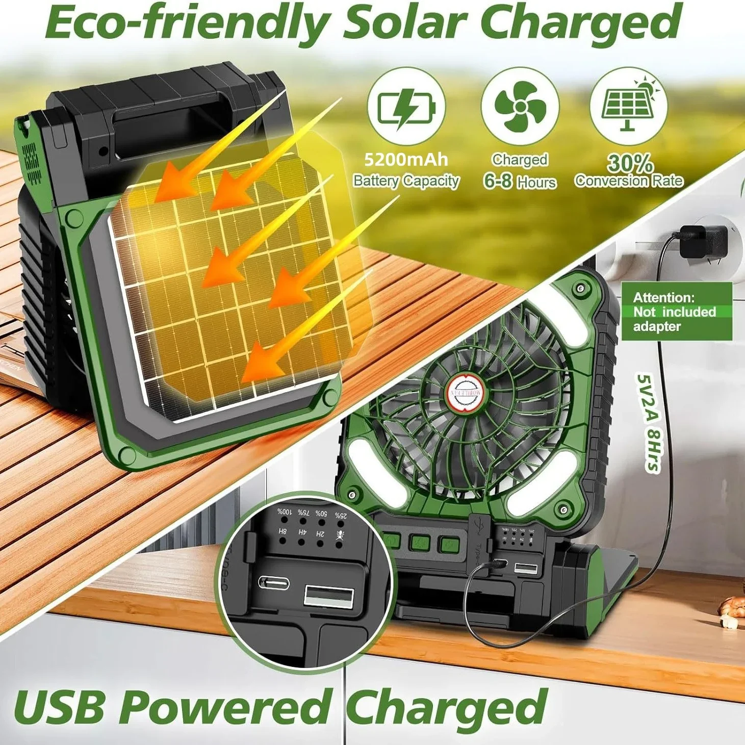 Ventiladores solares portátiles, linterna LED de 7800mAh, ventilador de Camping con energía Solar recargable, 4 velocidades, potente viento 90 ° Ventilador plegable - imagen 2