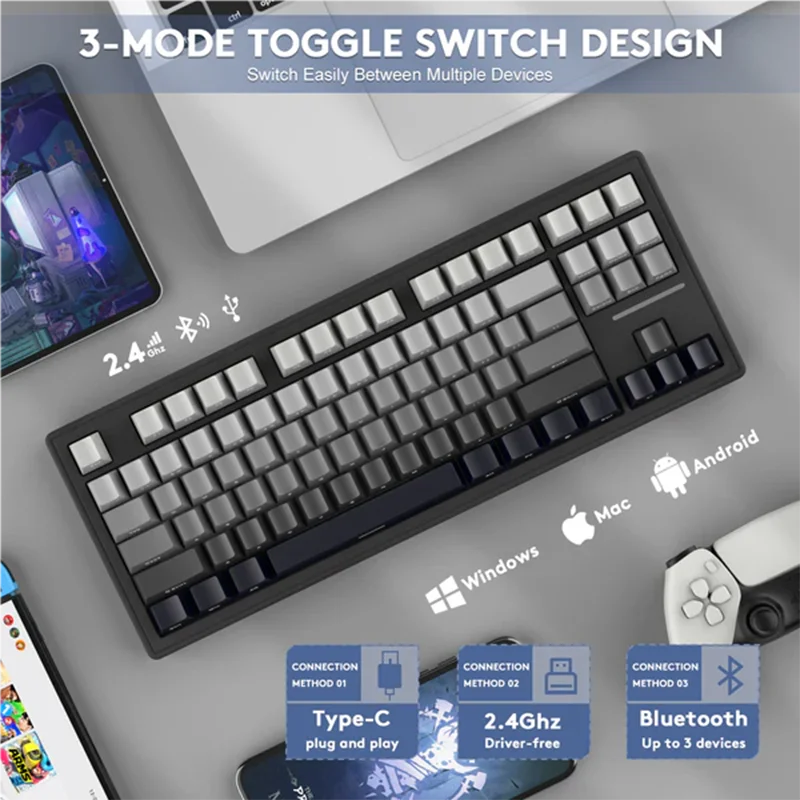 Attack Shark-Teclado mecánico M87RGB con Bluetooth, dispositivo intercambiable en caliente, retroiluminación RGB, conexión inalámbrica trimodo, unidad personalizada, Win y Mac - imagen 4