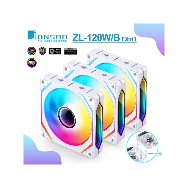 Jonsbo-ventilador ZL-120W 3 en 1 de 12CM, ARGB, 120mm, 4 pines, PWM, Control de temperatura, hacia adelante/atrás, para carcasa de ordenador