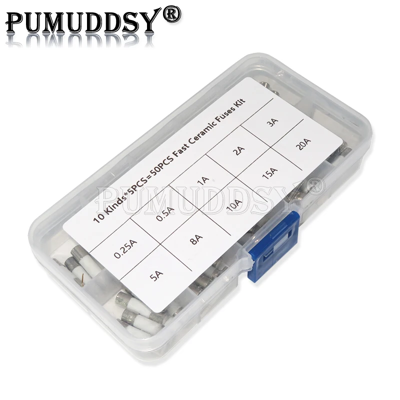 10 tipos 50 unids/lote Kit de fusibles cerámicos rápidos 250V 5mm X 20mm 0.25A 0.5A 1A 2A 3A 5A 8A 10A 15A 20 AMP surtido de tubos de fusibles