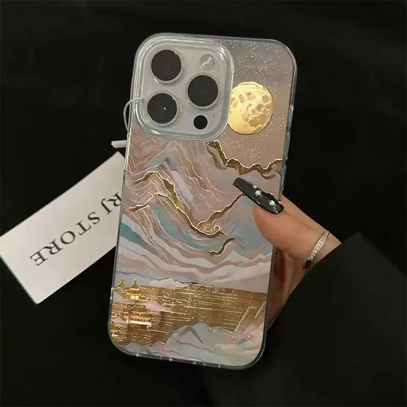 Funda de teléfono dorada y azul Snow Mountain para iPhone 16 15 14 13 12 11 Pro Max X Xs XR XSMax 8 6 6s Plus cubierta trasera con textura de plumas - imagen 5