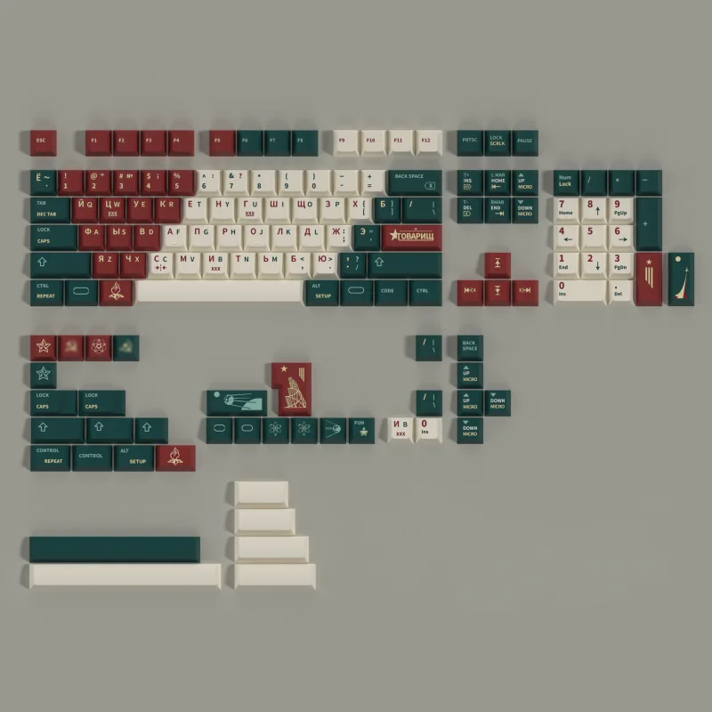 Juego de 142 teclas rusas, teclas de subcama con tinte PBT, perfil de cereza, gradiente rojo, blanco y verde, para 61, 64, 68, 84, 87, 96, 980