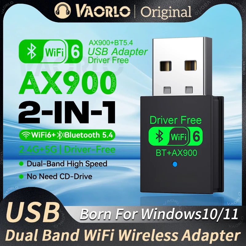 Adaptador USB AX900 WIFI6 2 en 1 Bluetooth 5.4 de doble banda 2.4G y 5GHz 900Mbps WiFi 6 802.11AX de alta velocidad Mini receptor de tarjeta de red inalámbrica Dongle para PC portátil WIN 10/11 sin controlador
