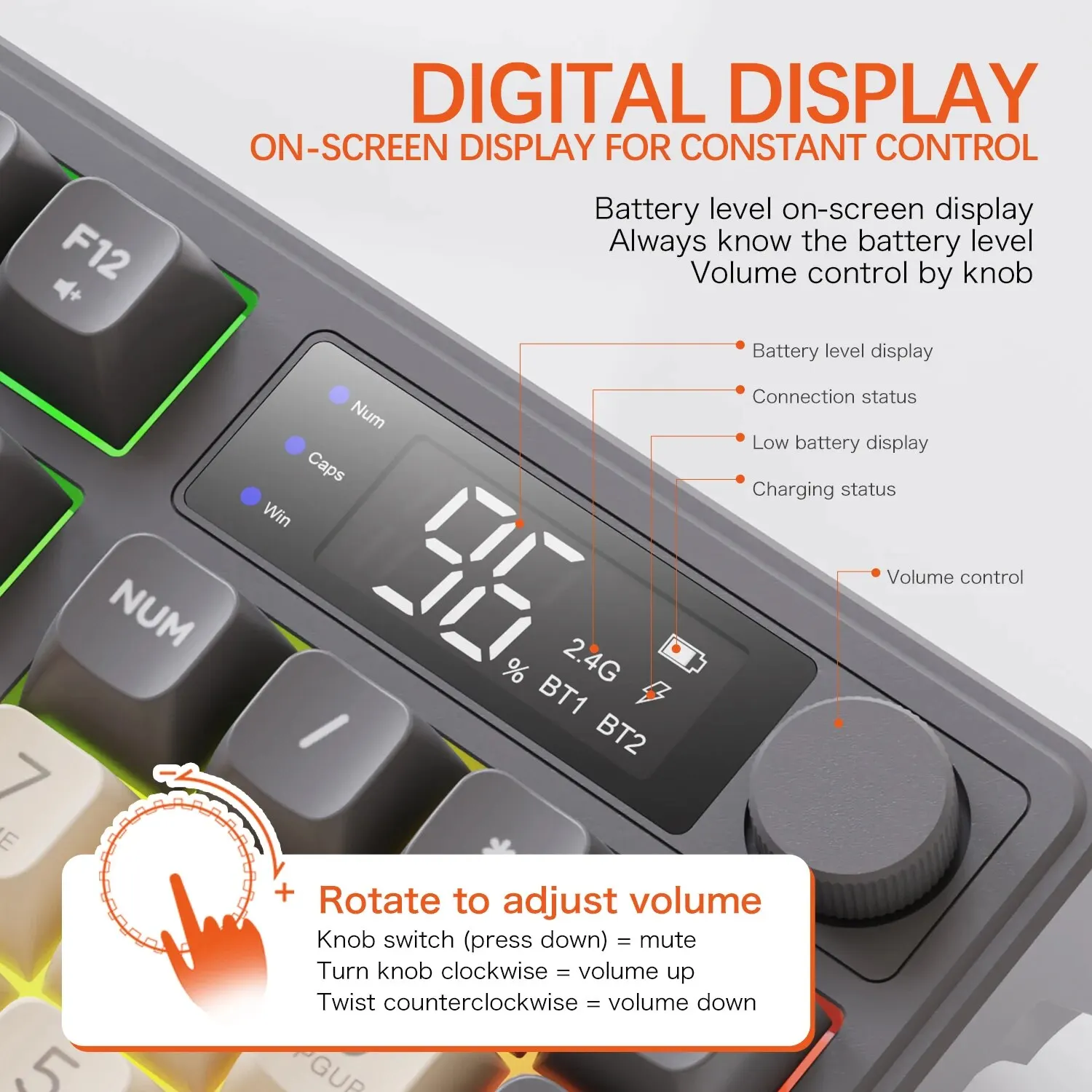 Teclado inalámbrico FreeWolf M96 con pantalla, teclado para juegos, conexión Bluetooth de modo Dual, conexión multidispositivo, ergonómico - imagen 4